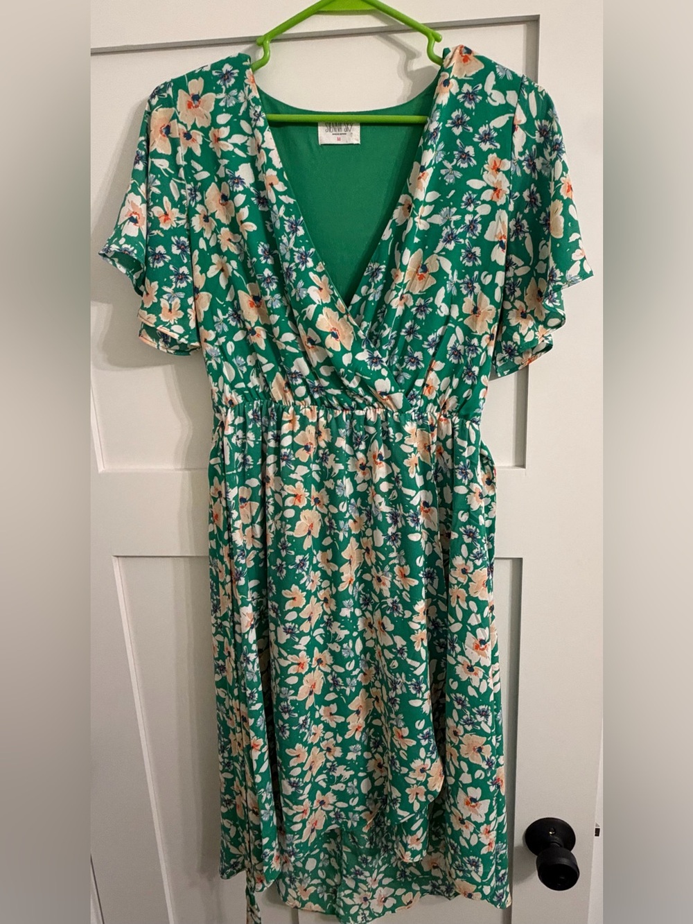 Sienna Sky Green Floral high-low Wrap Midi Dress with Peach Accents